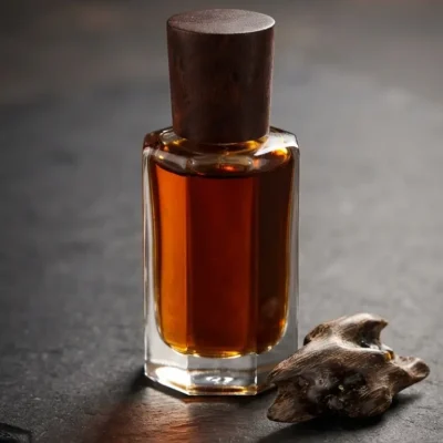 OudRaqy premium oud attar perfume oil bottle with agarwood chip on dark slate